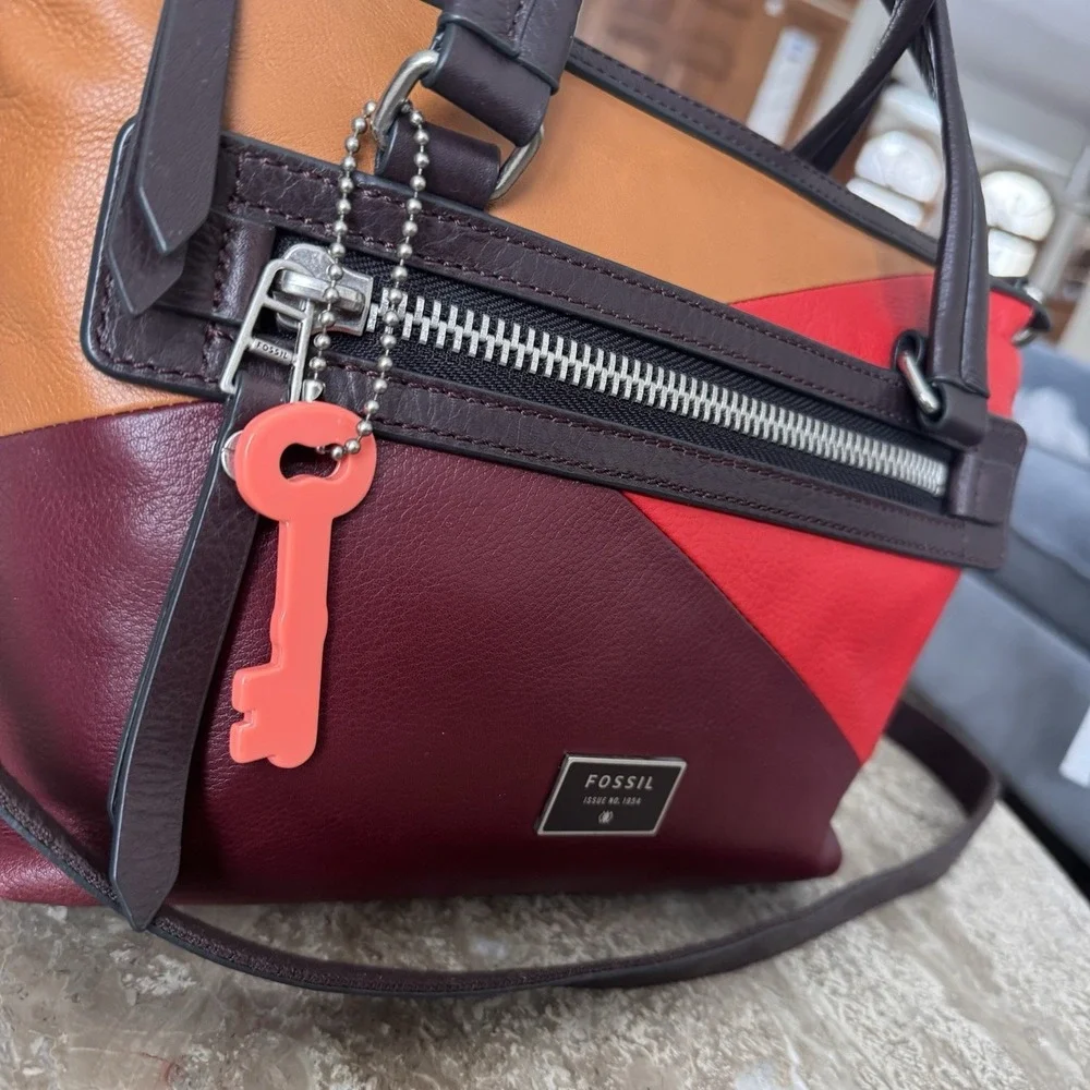 FOSSIL Dawson Red Multi Leather Convertible Satchel Shoulder Bag Crossbody